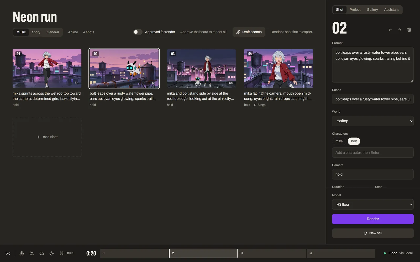 The same board for an anime video: four shots on a rooftop at night