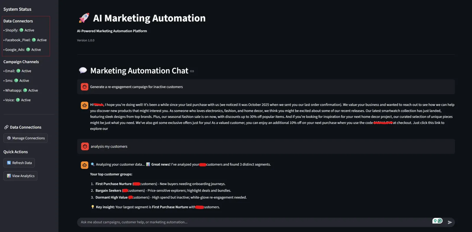 The assistant drafting a re-engagement campaign from purchase history, then segmenting customers on request