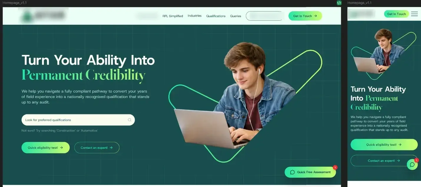 The home page design, desktop and mobile